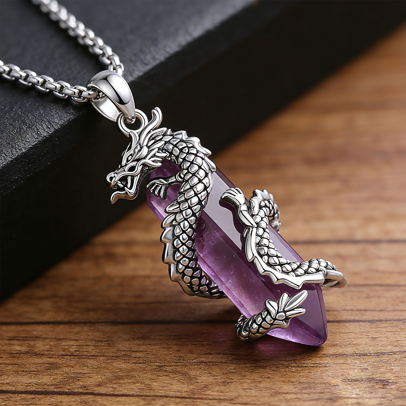Crystal Pendant Necklace Natural Stone - 유도라 자수정 드래곤 목걸이 펑크 천연