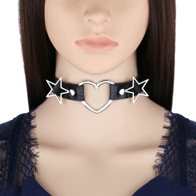 Goth Punk Spike Choker - 데코펑크 펑크 PU 가죽 하트 별